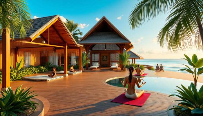 Serene all-inclusive resort showcasing a luxurious spa with natural elements, guests practicing yoga on the beach at sunrise, receiving massages under bamboo cabanas, and meditating in tranquil gardens, emphasizing a holistic wellness experience.