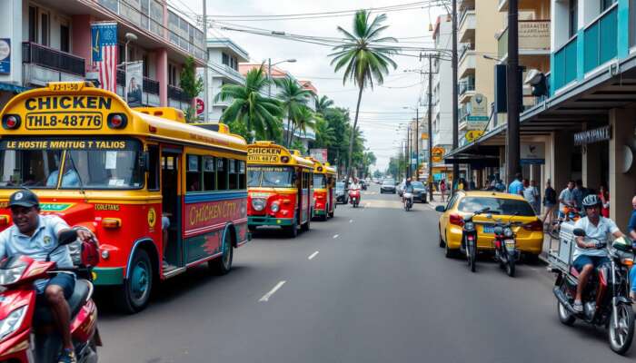 Colorful chicken buses and taxis on a bustling street in Belize City, with people riding bicycles and scooters, highlighting the city's diverse transportation options.