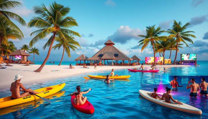 Guests enjoying diverse activities at an all-inclusive resort, including kayaking, paddleboarding, yoga on the beach, children playing in a kids' club, a couple receiving a spa treatment, and an evening party with live music, all amidst lush tropical scenery.