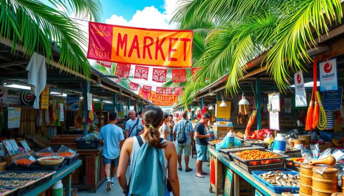 Market and local community scene in San Pedro, Ambergris Caye, Belize