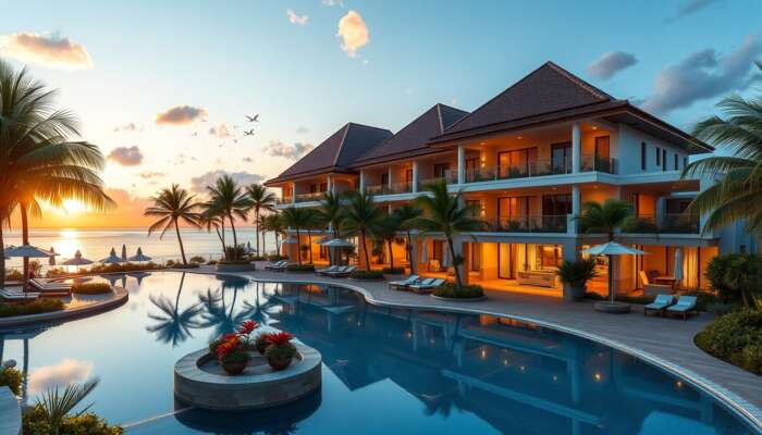 A luxurious tropical resort at sunset, featuring modern architecture, pristine pools, manicured gardens, welcoming staff, and stylish accommodations.