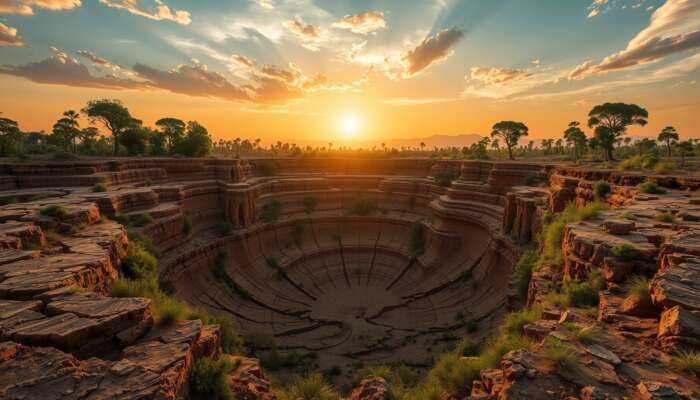 A vast sinkhole eroded by human activity, with cracked earth and fading habitats, as conservationists plant trees and install barriers under a golden sunset.