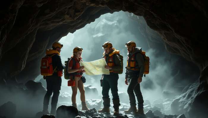 Explorers in helmets and life jackets enter a misty cave, examining a map and carrying first-aid kits near unstable rocks.