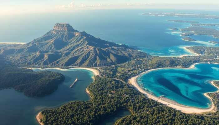 A breathtaking aerial view of Belize's Maya Mountains, pristine beaches, Great Blue Hole, and winding rivers in lush forests.