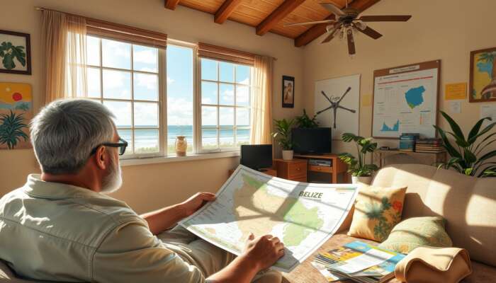 Traveler in sunlit room plans Belize adventure, studying map of ancient ruins and parks, checking calendar, and reviewing tourism guides.