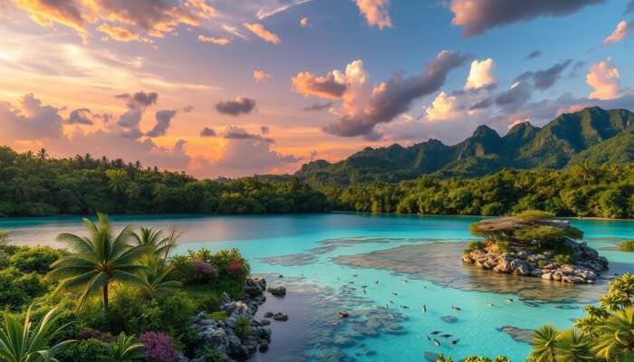 Vibrant Belize landscape featuring lush rainforests with exotic wildlife, turquoise Barrier Reef with colorful coral and fish, and rugged Maya Mountains at sunset.