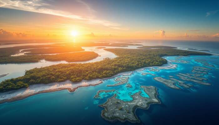 A vibrant aerial view of Belize's lush rainforests, turquoise reefs, winding rivers, and marine life under a golden sunset.