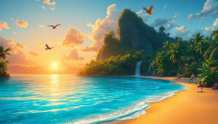 Serene hidden beach at sunset with turquoise waters lapping golden sands, surrounded by lush tropical forests, distant waterfall, and colorful birds in flight.
