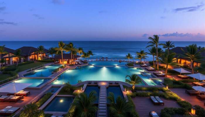 A luxurious tropical resort at dusk, featuring opulent suites with ocean views, infinity pools, manicured gardens, and exquisite dining.