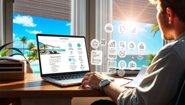 A traveler at a sunlit desk compares resort options on a laptop, showing beaches, amenities, pros/cons lists, and reviews.