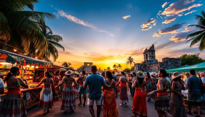 Vibrant Belizean festival scene: people in traditional Mestizo, Creole, and Maya attire dancing, with street food stalls, Mayan ruins, and a tropical sunset.