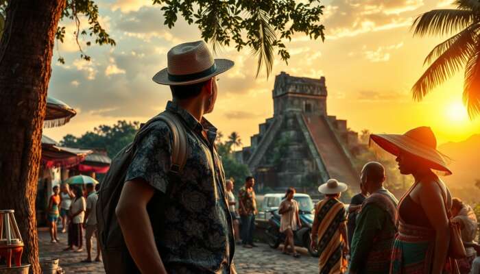 A traveler in Belize converses with locals in vibrant traditional attire amid bustling markets, rainforests, ruins, and a golden sunset.