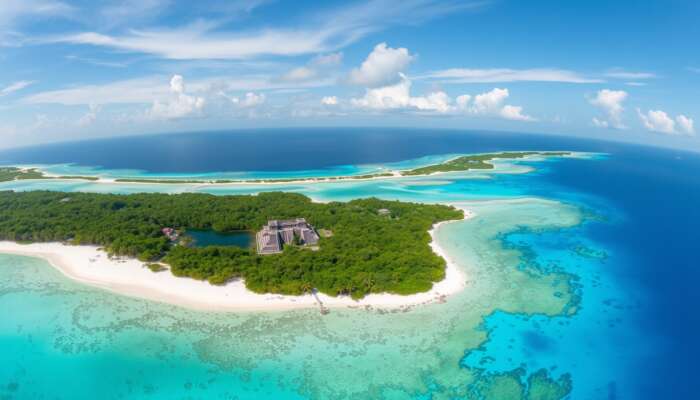 Aerial panorama of Belize: pristine beaches, azure Great Blue Hole, ancient Maya ruins, and vibrant coral reefs under a tropical sky.