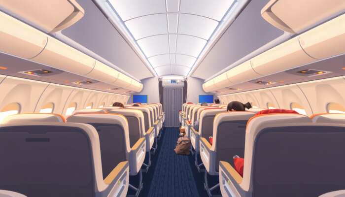 Airplane cabin interior comparing fare types: basic economy with cramped seats, premium economy with extra legroom and meals, business class with luxurious recliners under soft lighting.