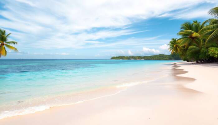 Placencia beach in Belize with calm shoreline, palms, and clear coastal atmosphere