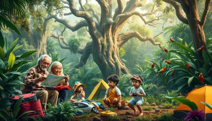 A multi-generational family prepares for a jungle adventure: grandparents sharing maps, parents packing gear, children playing near tropical birds and ancient trees.