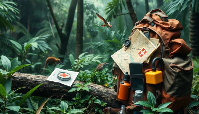 A rugged backpack overflows with jungle gear like a compass, map, first aid kit, and binoculars on a misty trail amid lush foliage.
