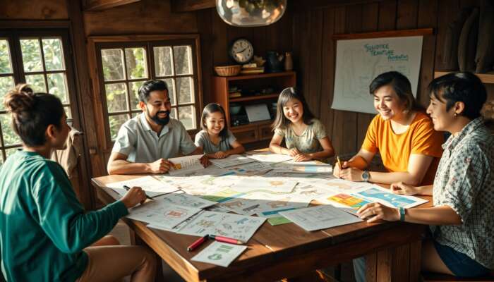 A diverse family joyfully brainstorms a jungle adventure with mind maps, animal sketches, and maps on a sunlit table.