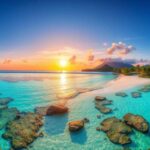A tropical travel guide scene of San Pedro Island in Belize: a sandy beach, turquoise water, coral reefs, and palm trees at sunset. The sun sits low above the horizon, with distant mountains under a partly cloudy sky.