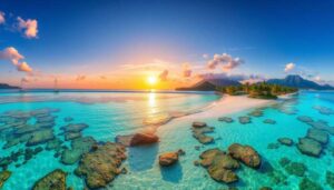 A tropical travel guide scene of San Pedro Island in Belize: a sandy beach, turquoise water, coral reefs, and palm trees at sunset. The sun sits low above the horizon, with distant mountains under a partly cloudy sky.
