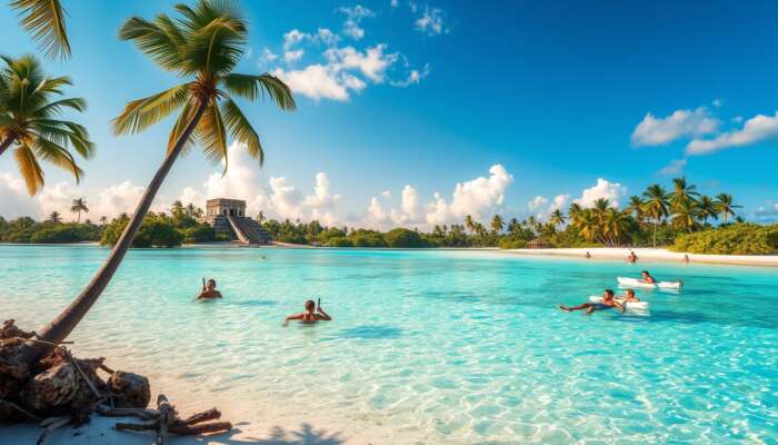 A serene Belizean island with turquoise waters, white-sand beaches, palm trees, Mayan ruins, snorkelers, and families at sunset.