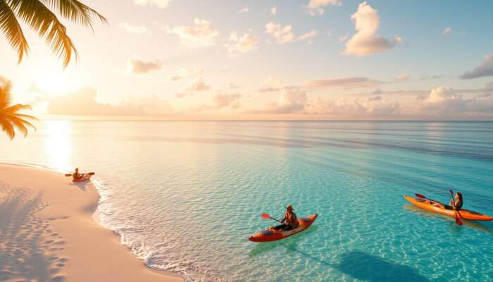 A serene tropical island with pristine white beaches, turquoise waters, swaying palm trees, and adventurers kayaking at sunset.