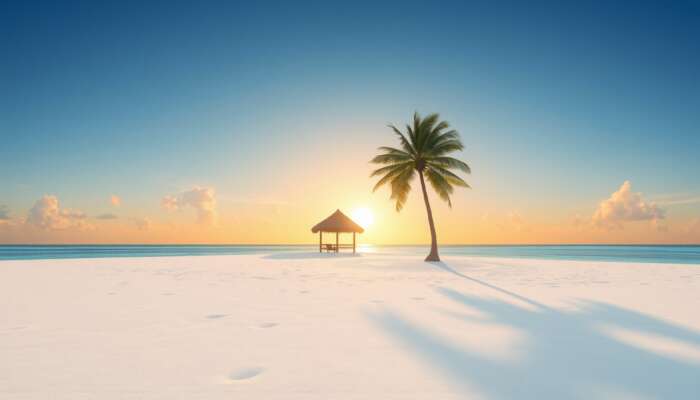 Serene tropical beach with pristine white sands, crystal-clear waters, a solitary thatched hut under golden sunset, swaying palms, and no crowds.