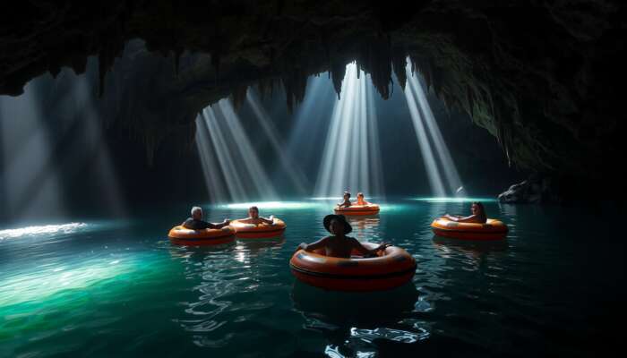 Adventurers float on inner tubes through a dark Belize cave, with sunlight beams illuminating stalactites and crystal-clear streams.