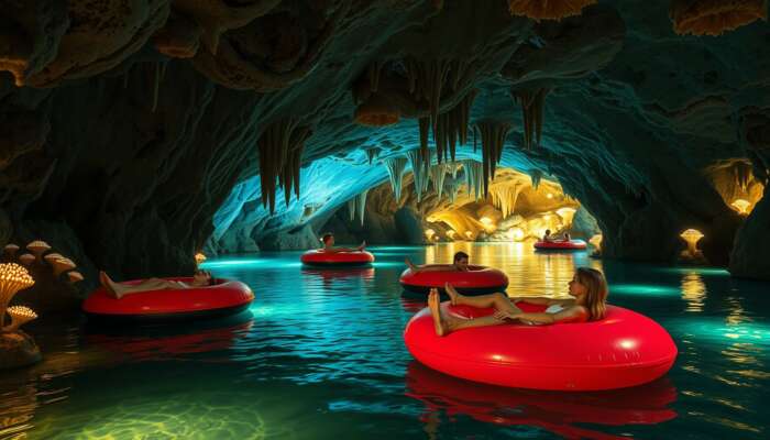 Relaxed adventurers float on inner tubes through a glowing cave with crystal-clear waters, stalactites, and bioluminescent fungi, promoting peace and rejuvenation.
