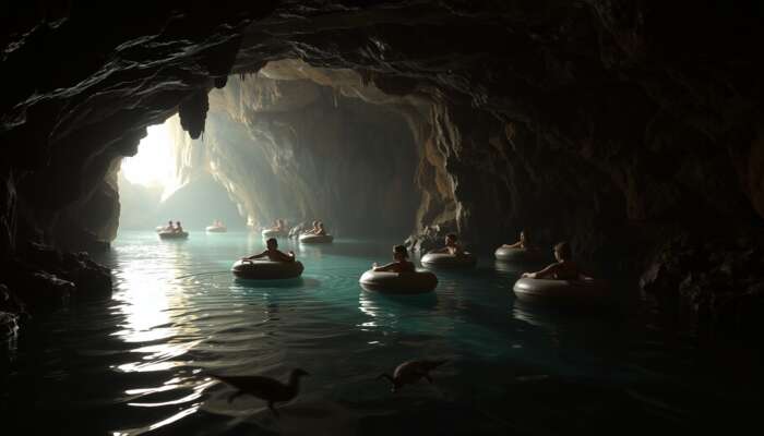 Adventurers float on inner tubes through dimly lit caves with shimmering minerals, echoing chambers, and shadowy wildlife.