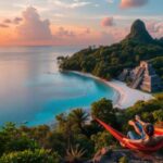 A person relaxes in a red hammock overlooking a tropical Belize beach with turquoise water, lush green hills, a large temple-like structure reminiscent of San Ignacio, and a mountain silhouetted at sunset.