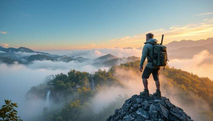 A rugged explorer stands on a misty mountain, overlooking vibrant tribal villages in lush forests and waterfalls under a golden sunset.
