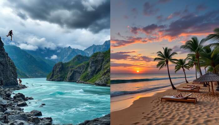 Contrast of adventure spot with jagged mountains, hikers, and stormy rivers against serene beach with golden sands and sunbathers at dusk.