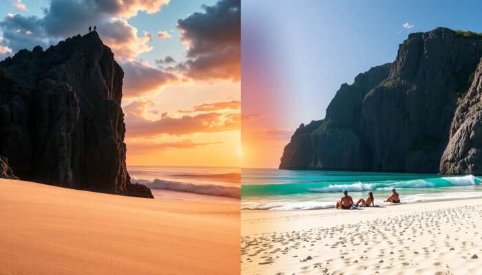 A split image contrasting adventurers hiking rugged cliffs at sunset with people relaxing on a serene beach.