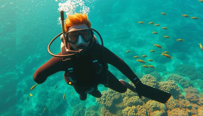 A fully equipped diver with mask, fins, tank, and regulator underwater, surrounded by vibrant coral reefs and colorful fish in turquoise waters.