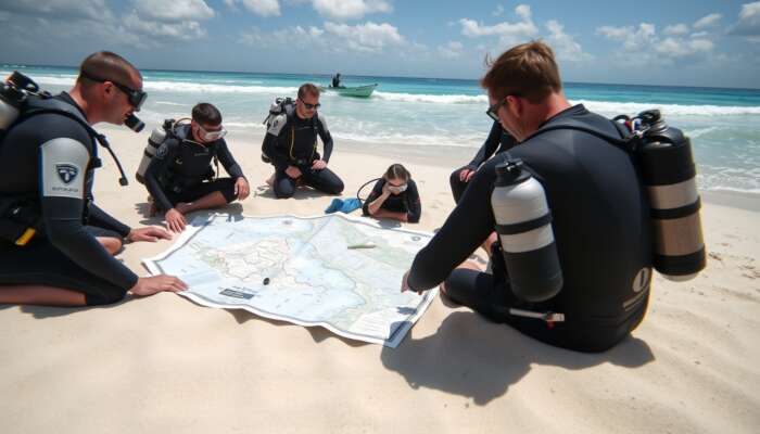 Scuba divers on a sunny beach reviewing a dive map, checking tides and waves, with gear ready and a leader coordinating.