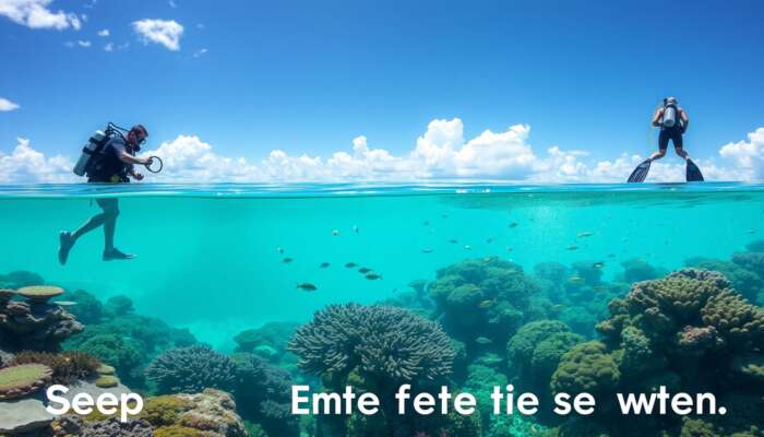 A scuba diver gearing up on a sunny beach, checking equipment, diving into turquoise waters, exploring coral reefs with fish, and surfacing triumphantly.