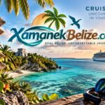 A travel advertisement for XamanekBelize.com showcasing a cruise ship, tropical coastline, Mayan ruins, and a wooden signpost highlighting snorkeling and island hopping as part of a Belize travel guide.