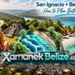 A traveler with a backpack looks toward Mayan ruins and a tropical beach with text about planning a San Ignacio and Belize beach trip on XamanekBelize.com.